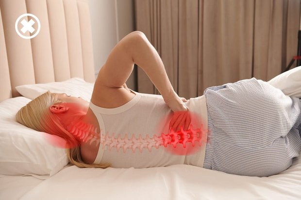 A side sleeper on a flat pillow. The spine is highlighted in red where it bends out of line at the neck and lower back.